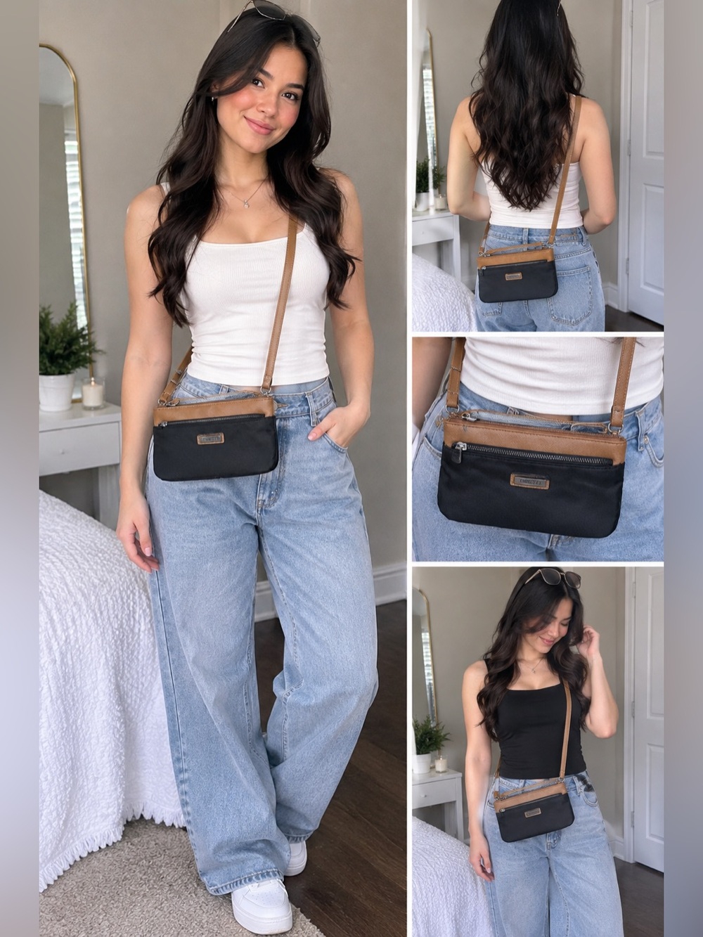 Roots Black Crossbody Bag with Tan Trim